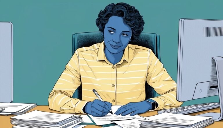 Illustration of a blue-skinned woman writing at a desk with papers and monitors