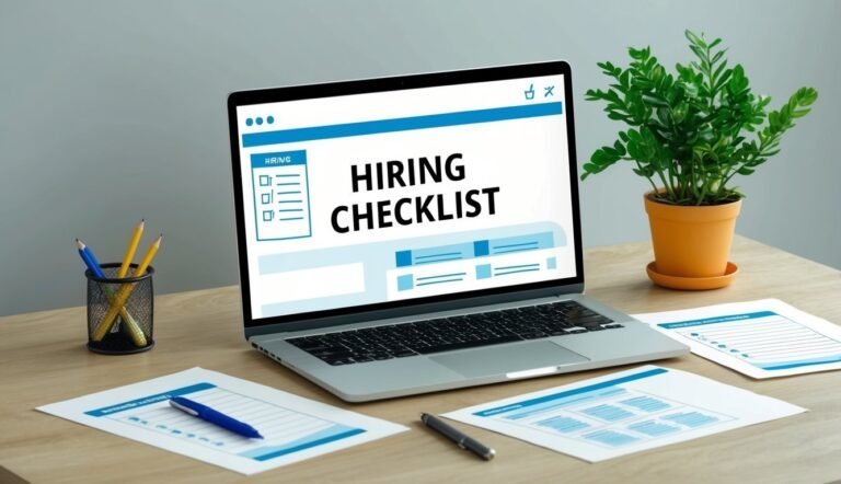 Laptop displaying a hiring checklist, with papers, pencils, and a potted plant
