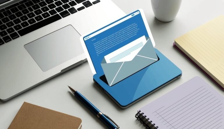 Laptop with email icon on screen, surrounded by notebooks and pen