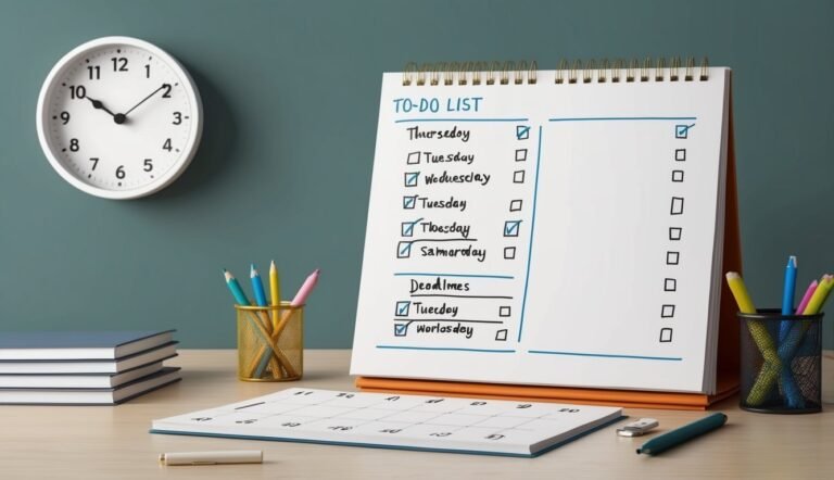 To-do list, clock, calendar, and office supplies on a wooden desk