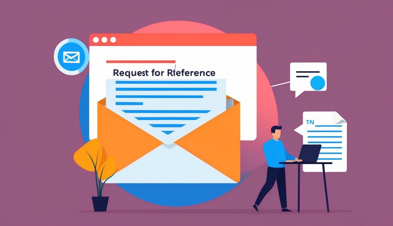 An email being sent with a subject line "Request for Reference" and a message being typed out in the body of the email