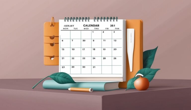Calendar, book, pencil, and leaves arranged on a table