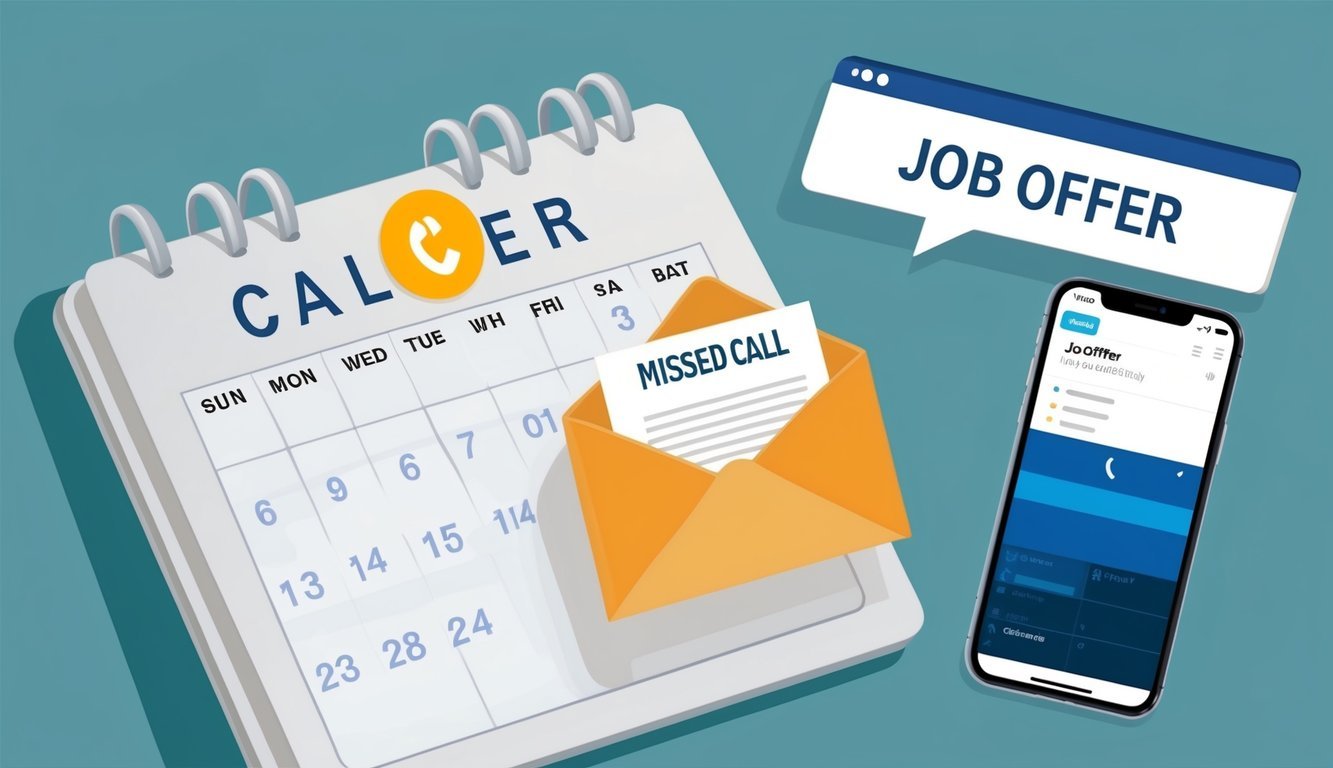 A calendar with a date circled, a phone with a missed call notification, and an email with the subject line "Job Offer" prominently displayed