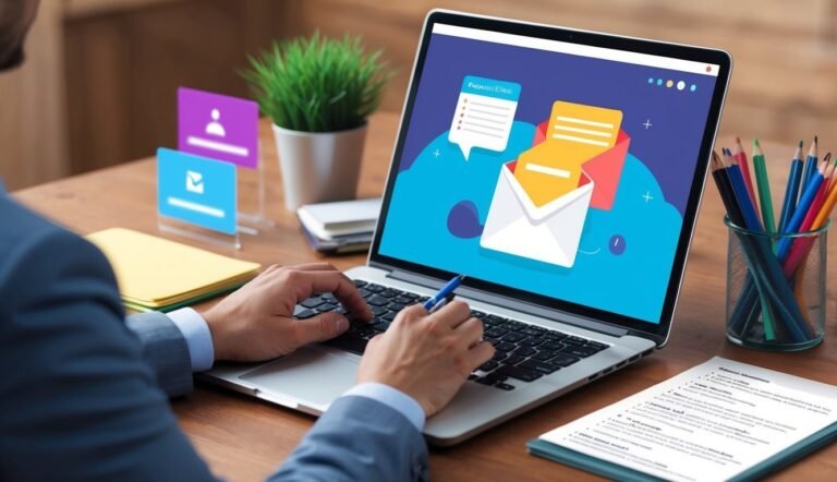Person working on laptop with email icon on screen, desk with office supplies