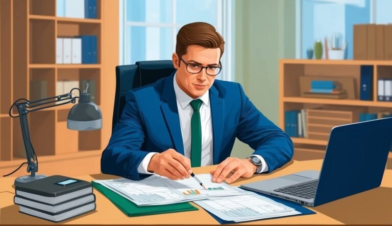 Businessman in blue suit reviewing documents at his desk with laptop