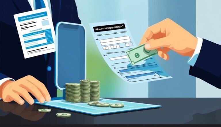 Person holding money over a health reimbursement form, with coins and documents