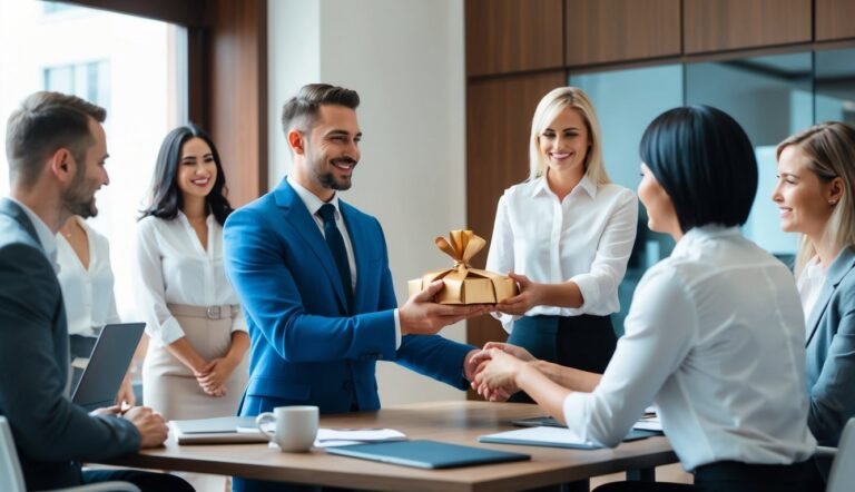 Business team exchanging a gift in a meeting room, smiling