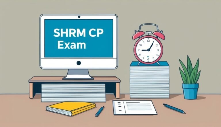 Computer screen with "SHRM CP Exam", alarm clock, and study materials