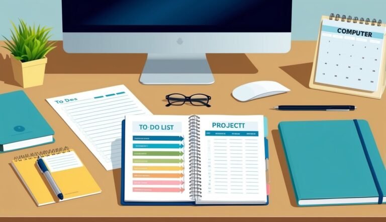 Desk with computer, to-do list, notebook, calendar, and office supplies