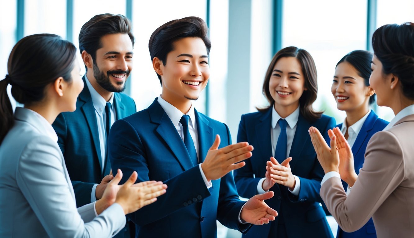 A smiling person in professional attire receiving praise from colleagues