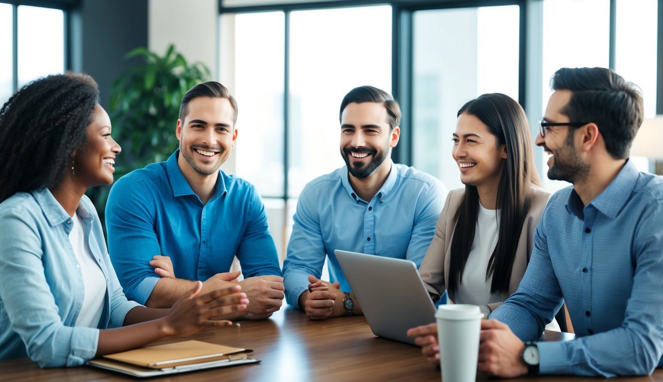 A group of coworkers smiling and chatting in a welcoming office environment