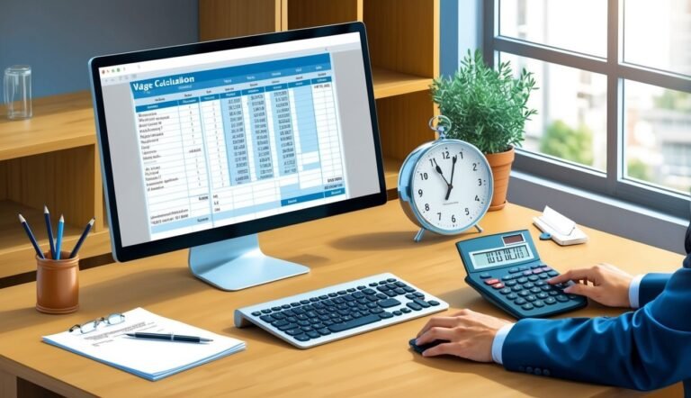 Desk with computer, calculator, and clock; person working on finances
