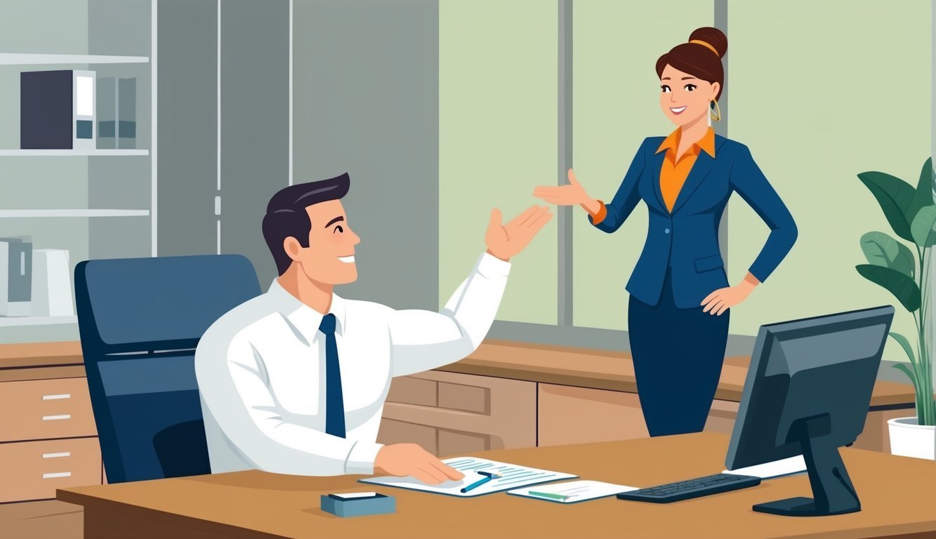 A person standing confidently in a boss's office, gesturing and negotiating for a raise.</p><p>The boss is sitting behind a desk, listening intently