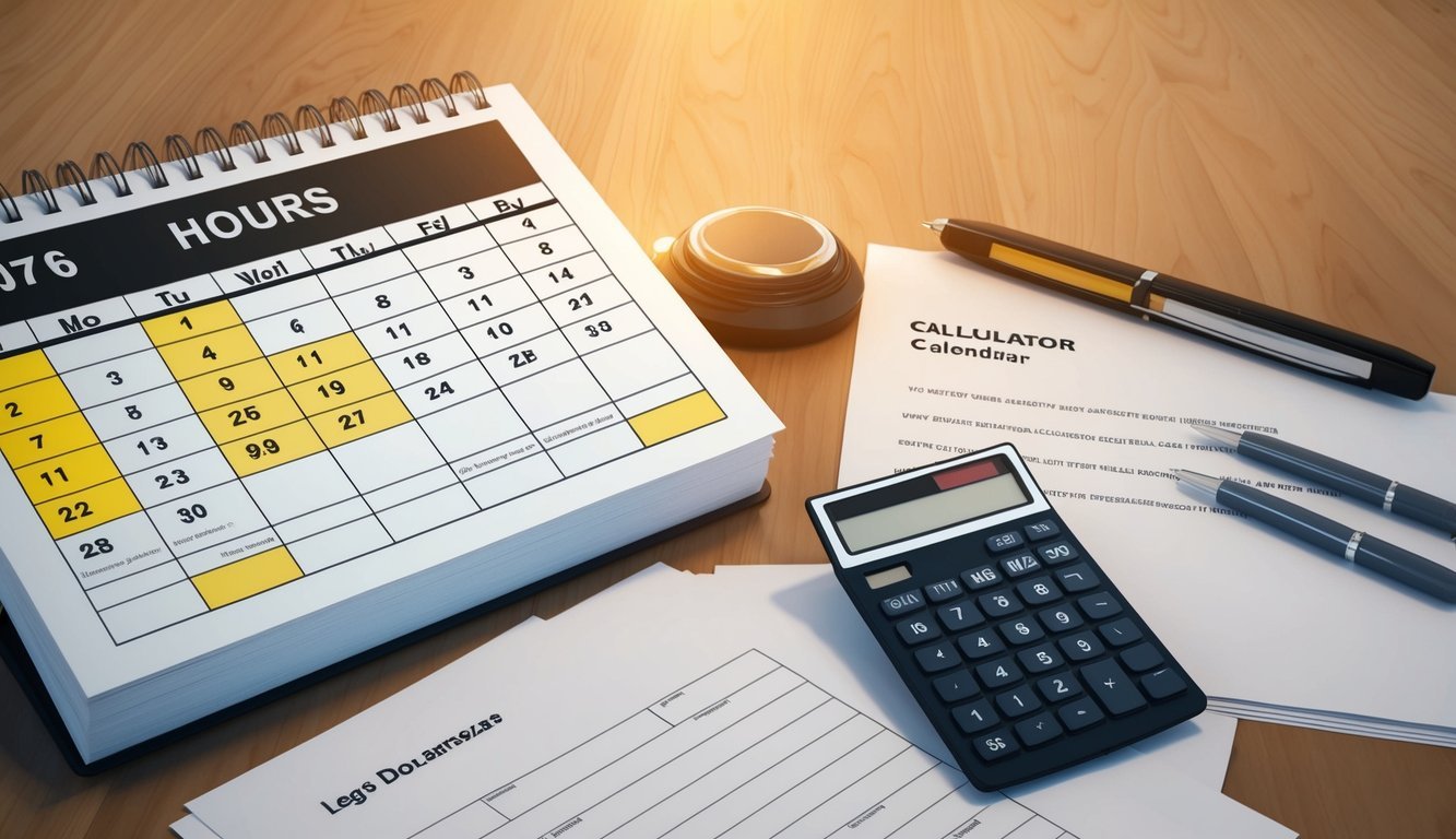 A calendar with dates and hours highlighted, alongside a calculator and legal documents