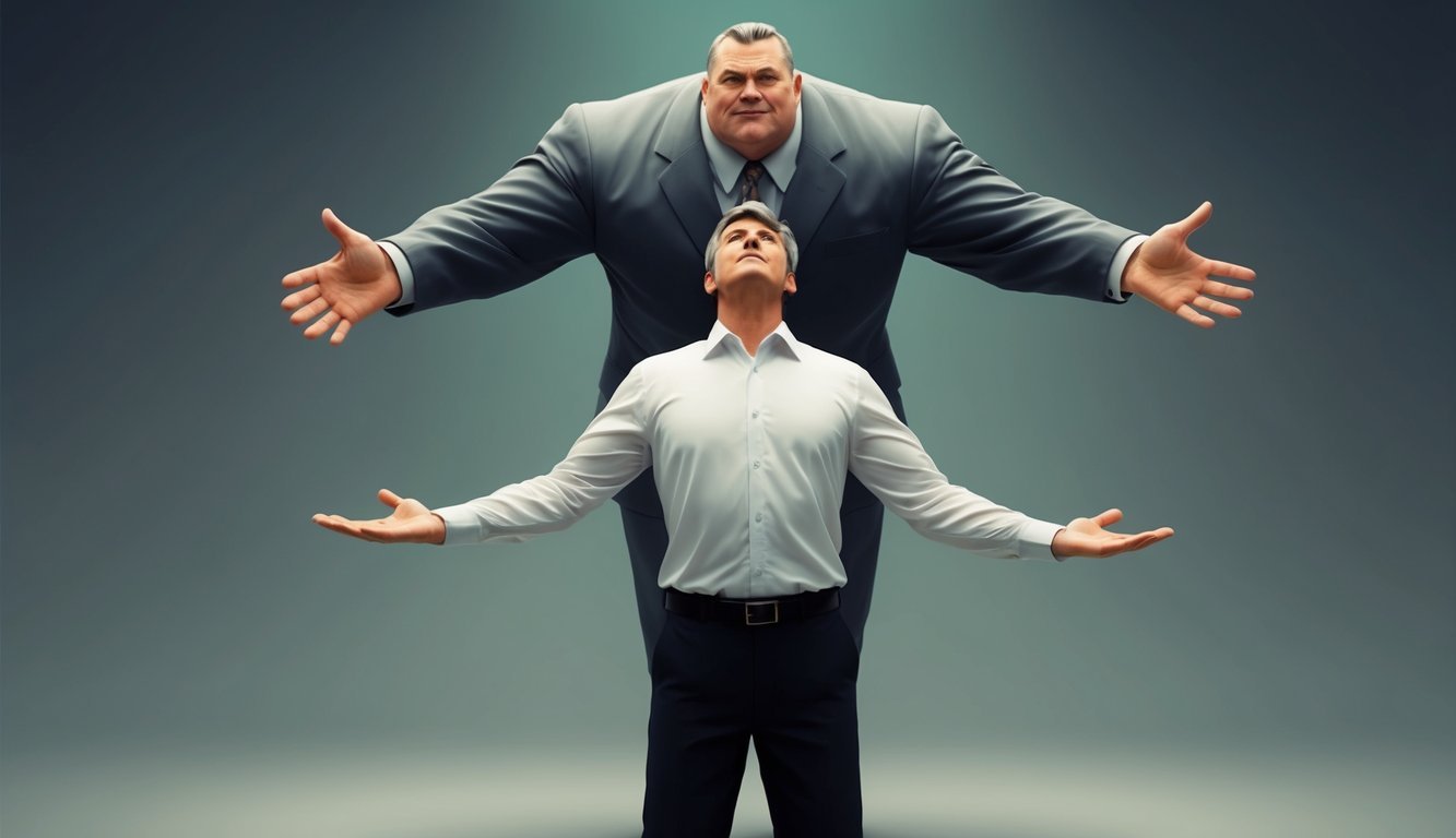 A person standing confidently with arms outstretched, appearing to negotiate with a larger figure looming overhead