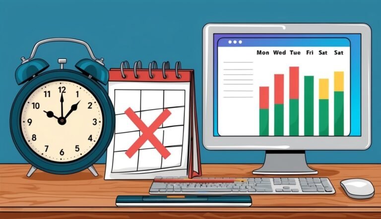 Alarm clock, calendar, and computer with bar graph on a desk