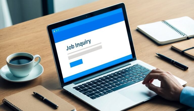 Laptop with "Job Inquiry" form, coffee, and hand typing on desk