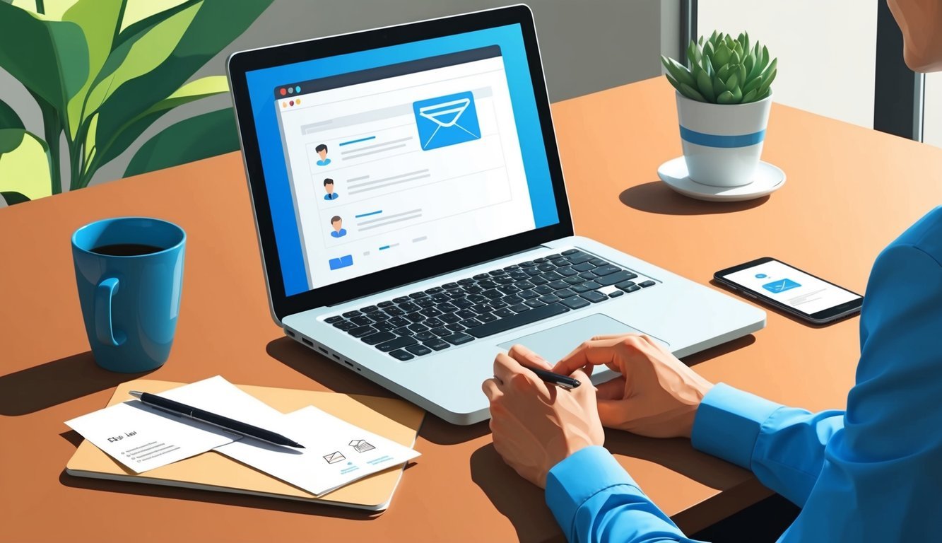 A person at a desk with a laptop, researching and taking notes on potential job recipients for a cold email campaign