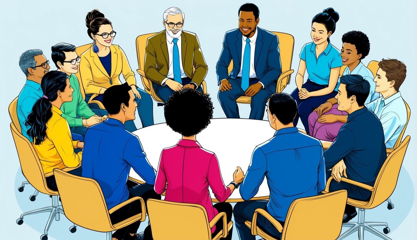 A group of diverse individuals gathered in a circle, engaging in open and respectful dialogue, with a sense of trust and acceptance evident in their body language and expressions