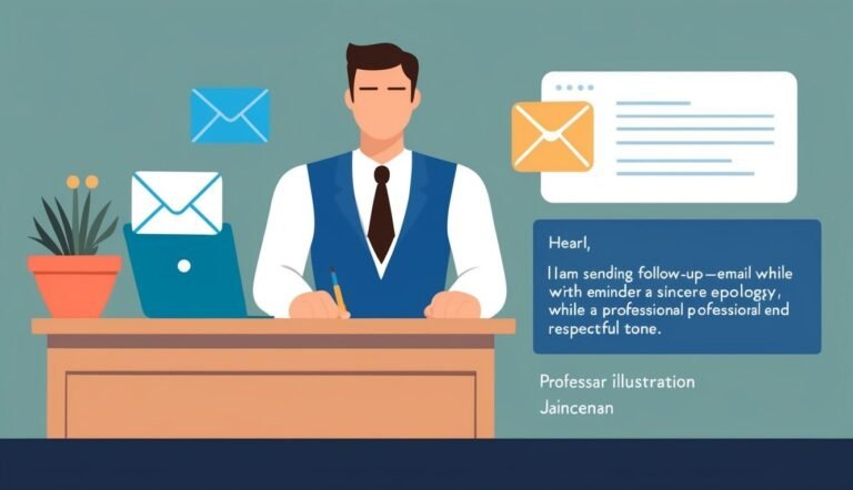 Illustration of a man at a desk with emails and a laptop, sending a message