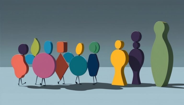 Abstract figures made of geometric shapes in various colors, standing together