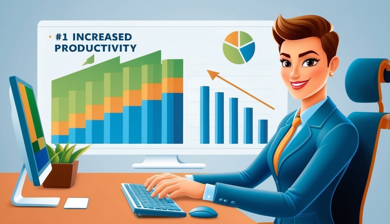 Businesswoman at desk with computer, charts, and "Increased Productivity" text