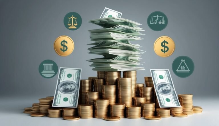 Stacks of coins and money with financial icons floating around