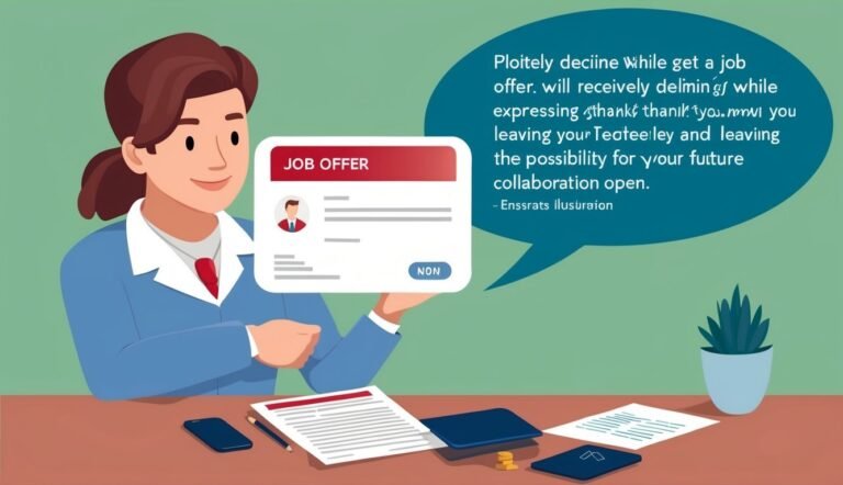 Woman holding a job offer document, speech bubble about declining the offer