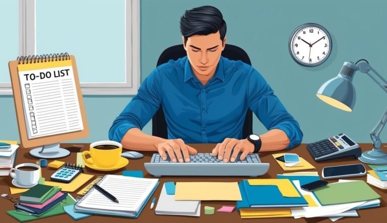 Man working at desk with to-do list, clock, and coffee