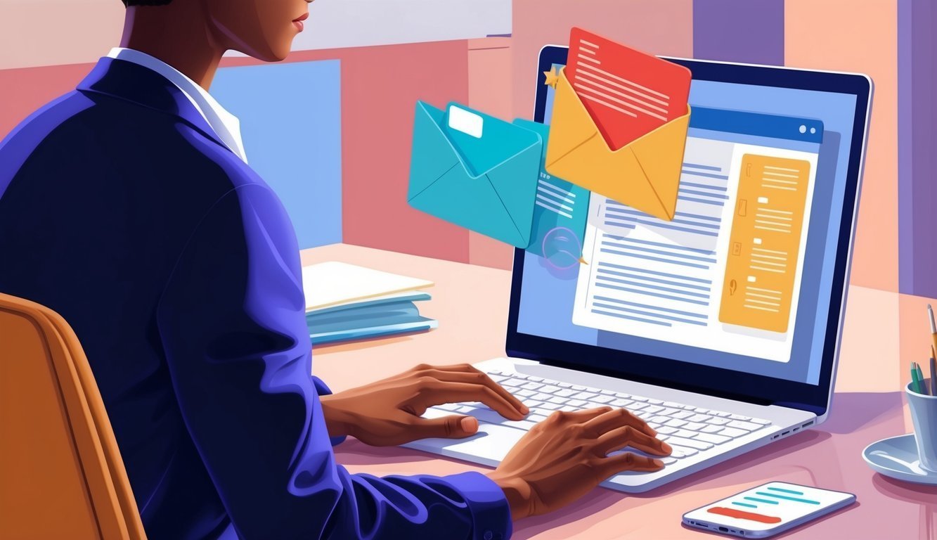Person in blue suit working on laptop with email icons