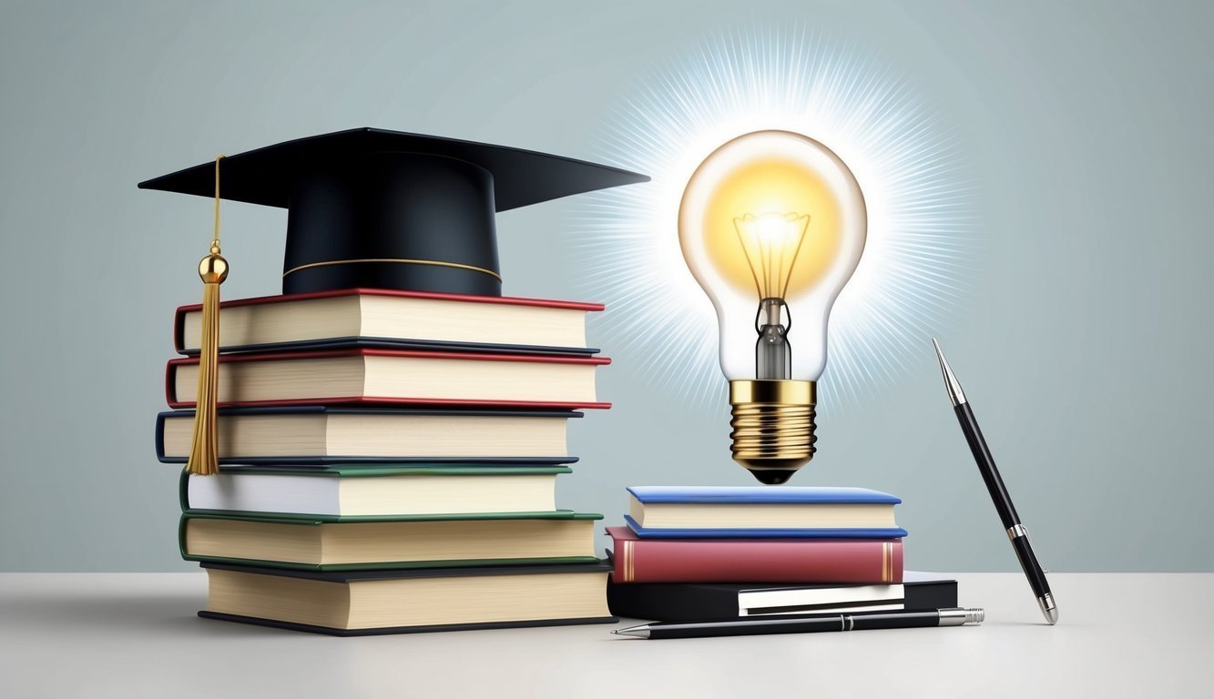 Stack of books, graduation cap, lightbulb, and pen representing education