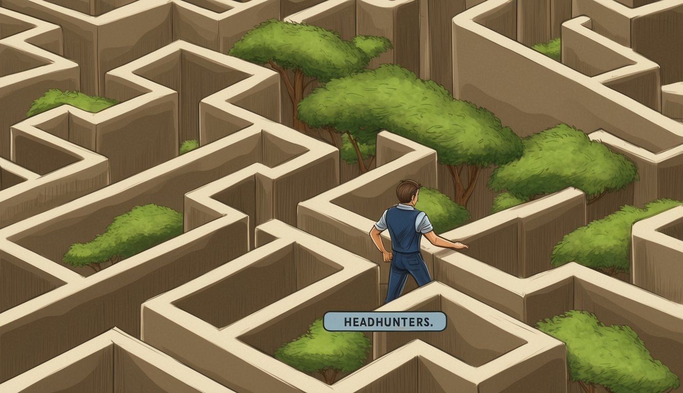 A person searching through a maze of interconnected paths, looking for a specific path labeled "Headhunters."