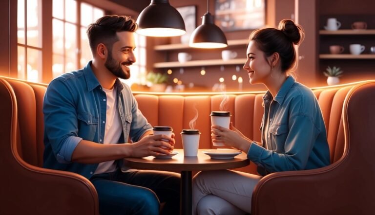 Smiling couple in a coffee shop, holding coffee cups, looking at each other
