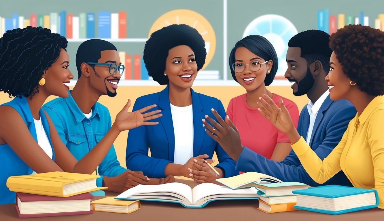 A group of diverse individuals engaged in animated conversation, gesturing and making eye contact, while surrounded by books and learning materials