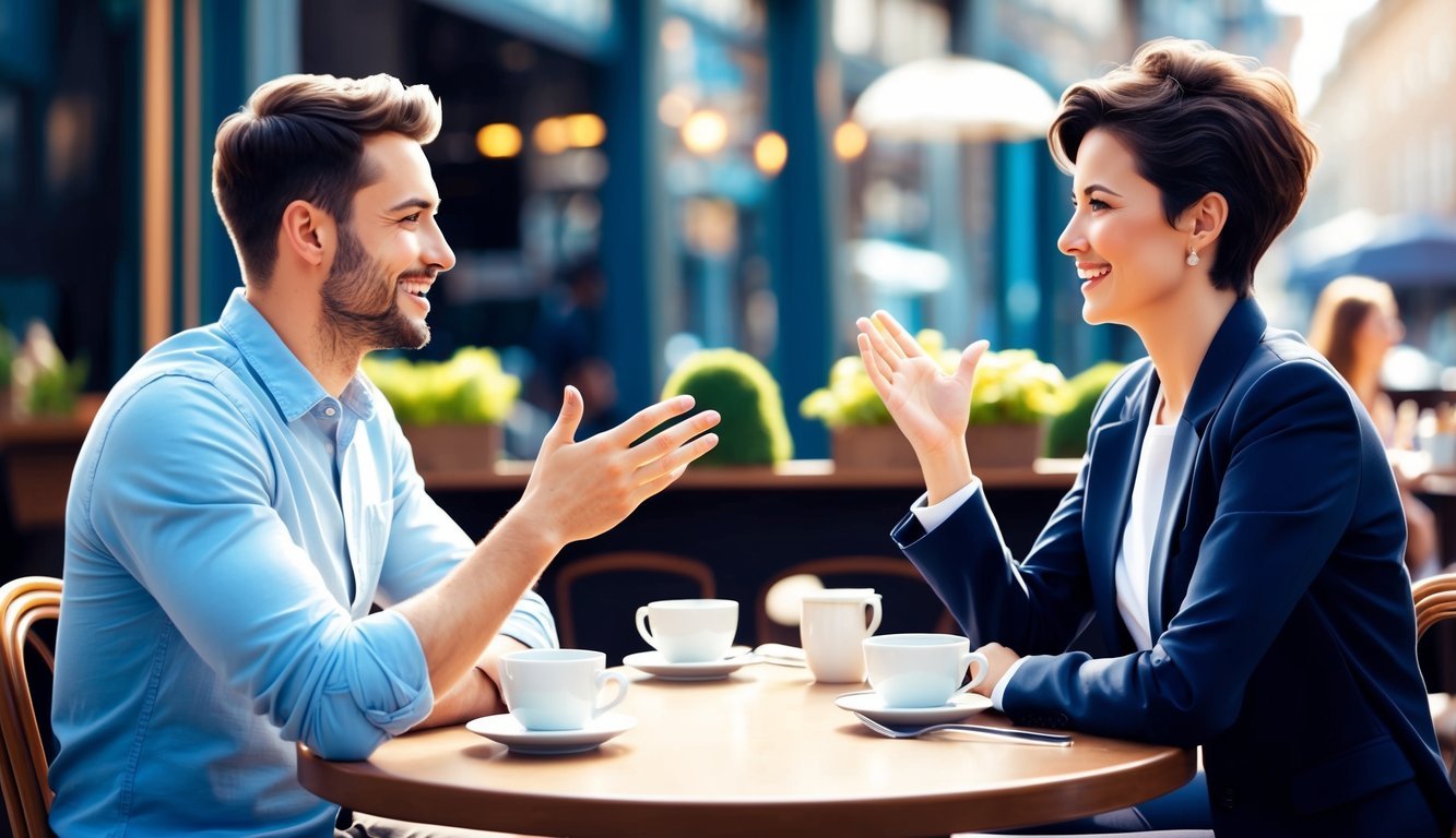 Two individuals sitting across from each other at a café, engaged in a lively conversation.</p><p>One person is gesturing and smiling, while the other nods attentively