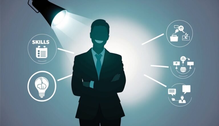 Businessman under spotlight with skills and business icons around him