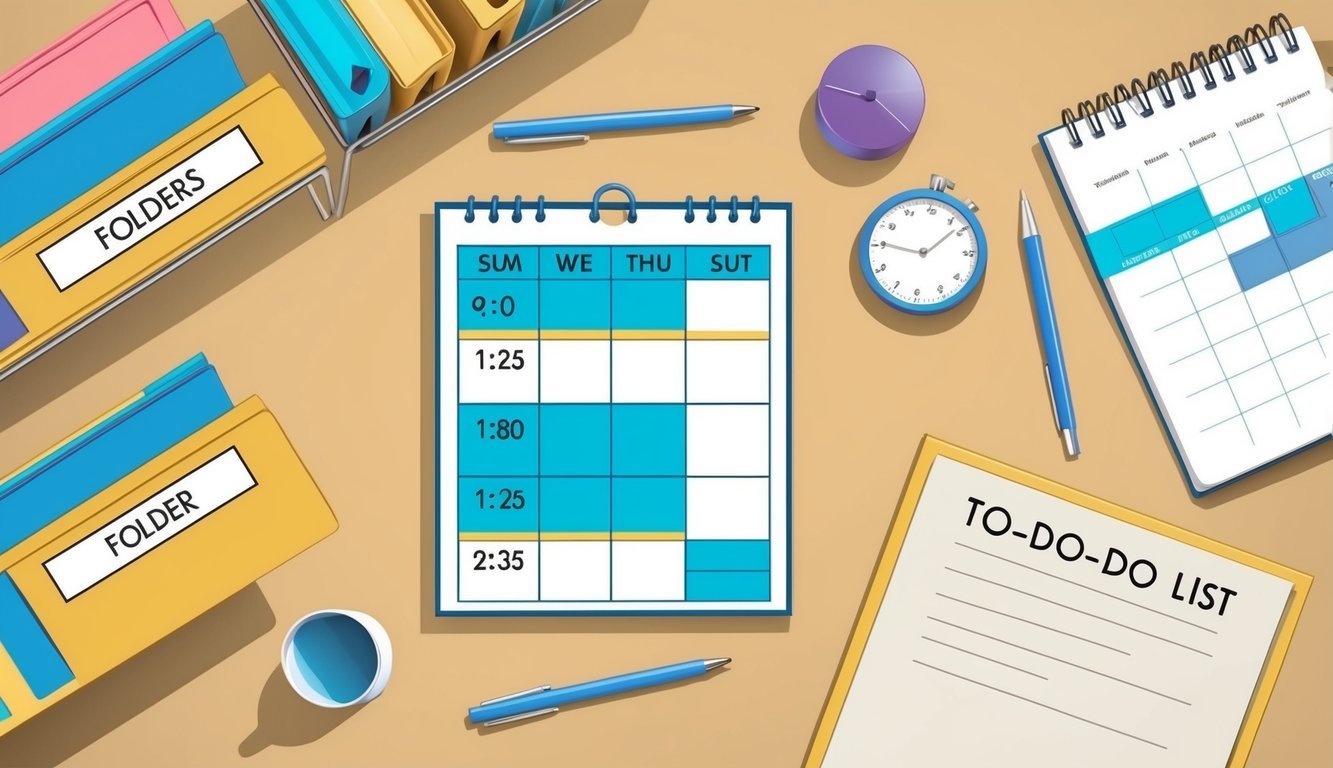 A neatly arranged desk with labeled folders, a calendar, and a to-do list.</p><p>A person's schedule is visible, with time blocked out for different tasks