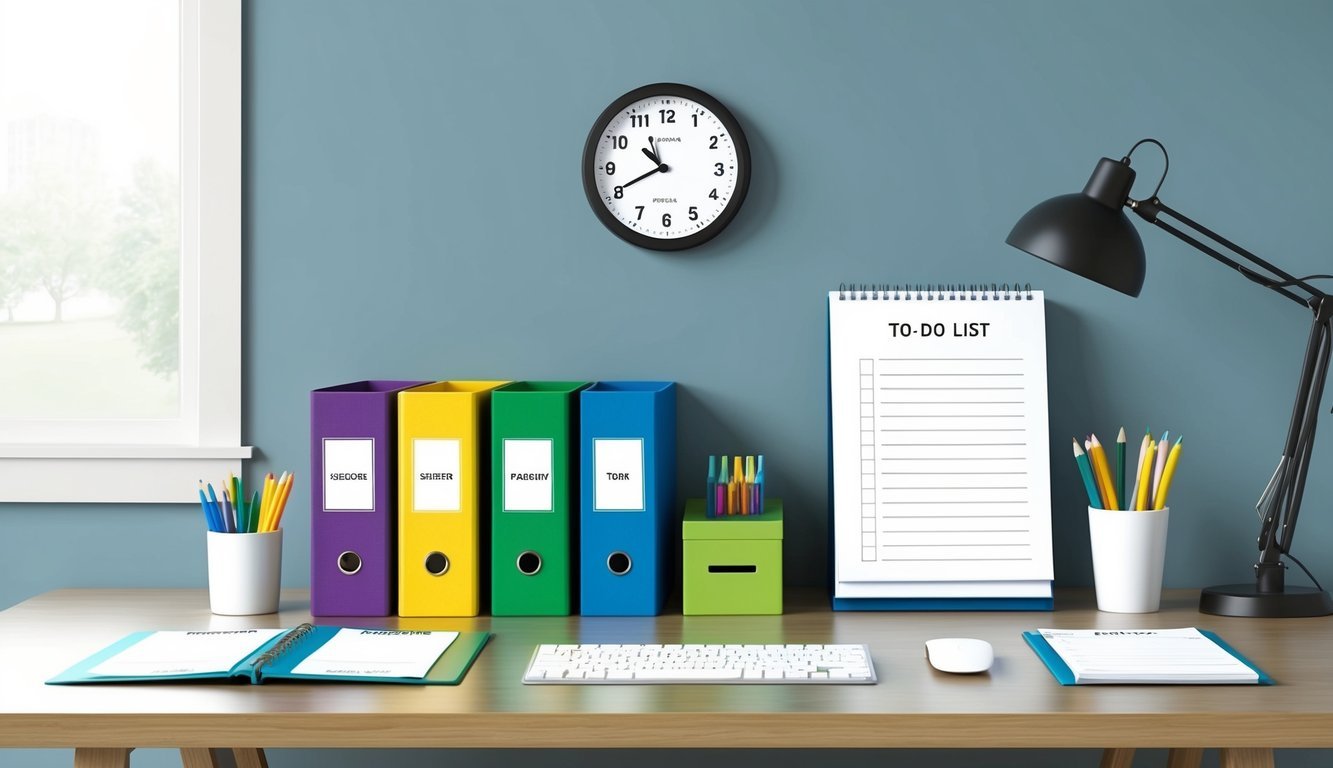 A neatly arranged desk with labeled folders, a calendar, and a to-do list.</p><p>A clock on the wall shows a schedule