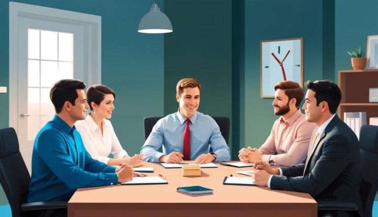 Business team in a meeting around a table in an office