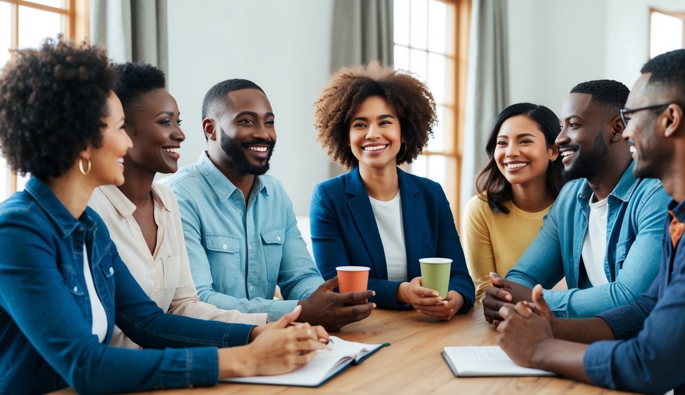 Diverse group of smiling people sitting around a table, having a meeting