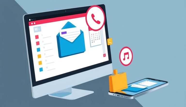 Computer screen with email icon, phone, calendar, and music note symbols