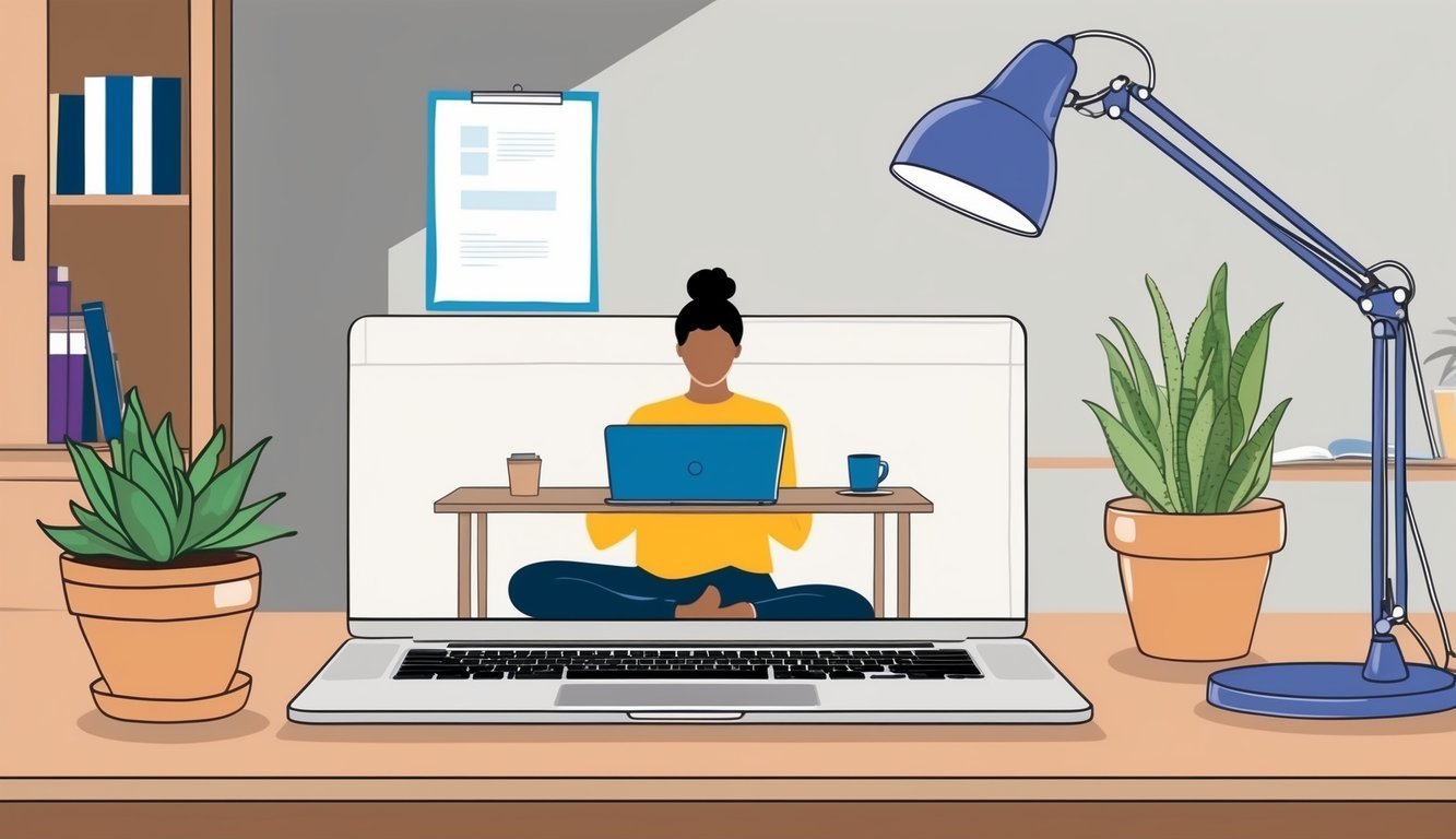 A cozy home office with a laptop, desk lamp, and potted plant.</p><p>A person is seen taking a break, stretching or meditating