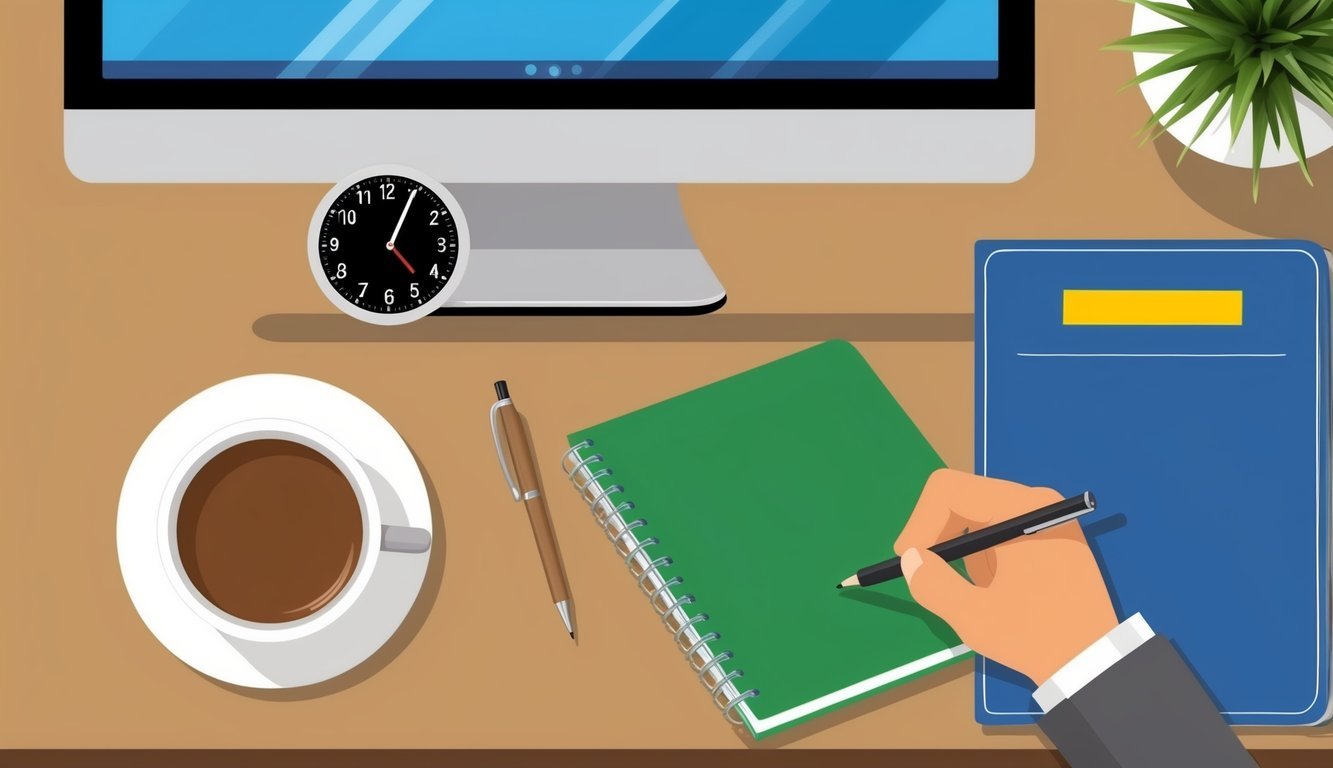 A desk with a computer, notebook, and pen.</p><p>A clock showing the time after work hours.</p><p>A cup of coffee or tea