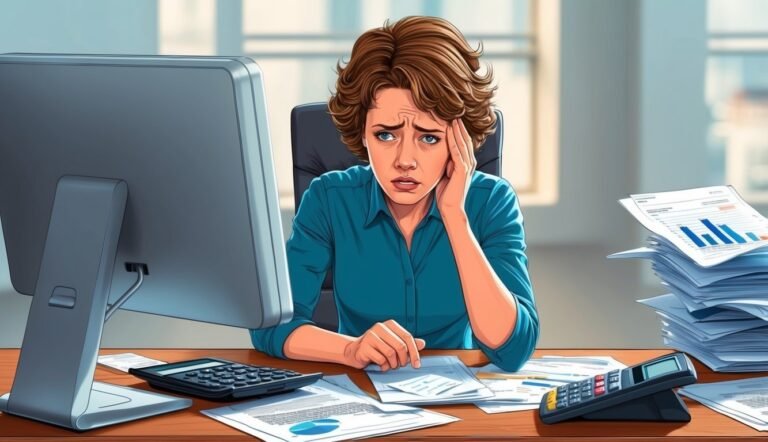 Woman stressed at desk with computer, calculators, and piles of paperwork
