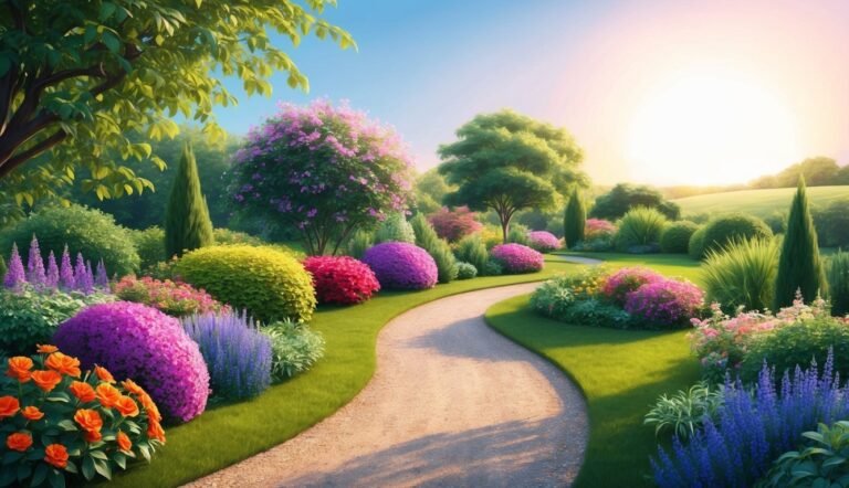 Curving path through a vibrant garden with colorful flowers and trees