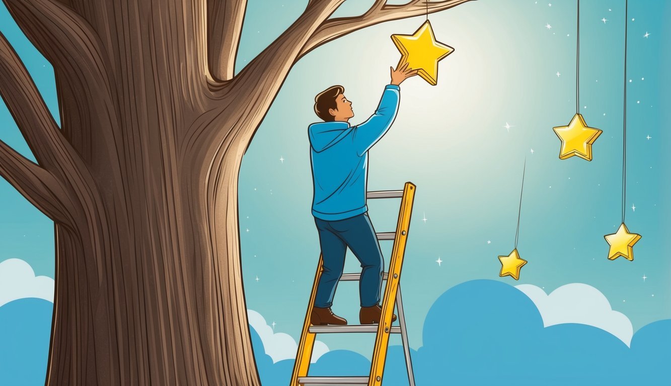 A person standing on a ladder, reaching out to grab a star from the sky.</p><p>The ladder is leaning against a large tree, and there are other stars in the background