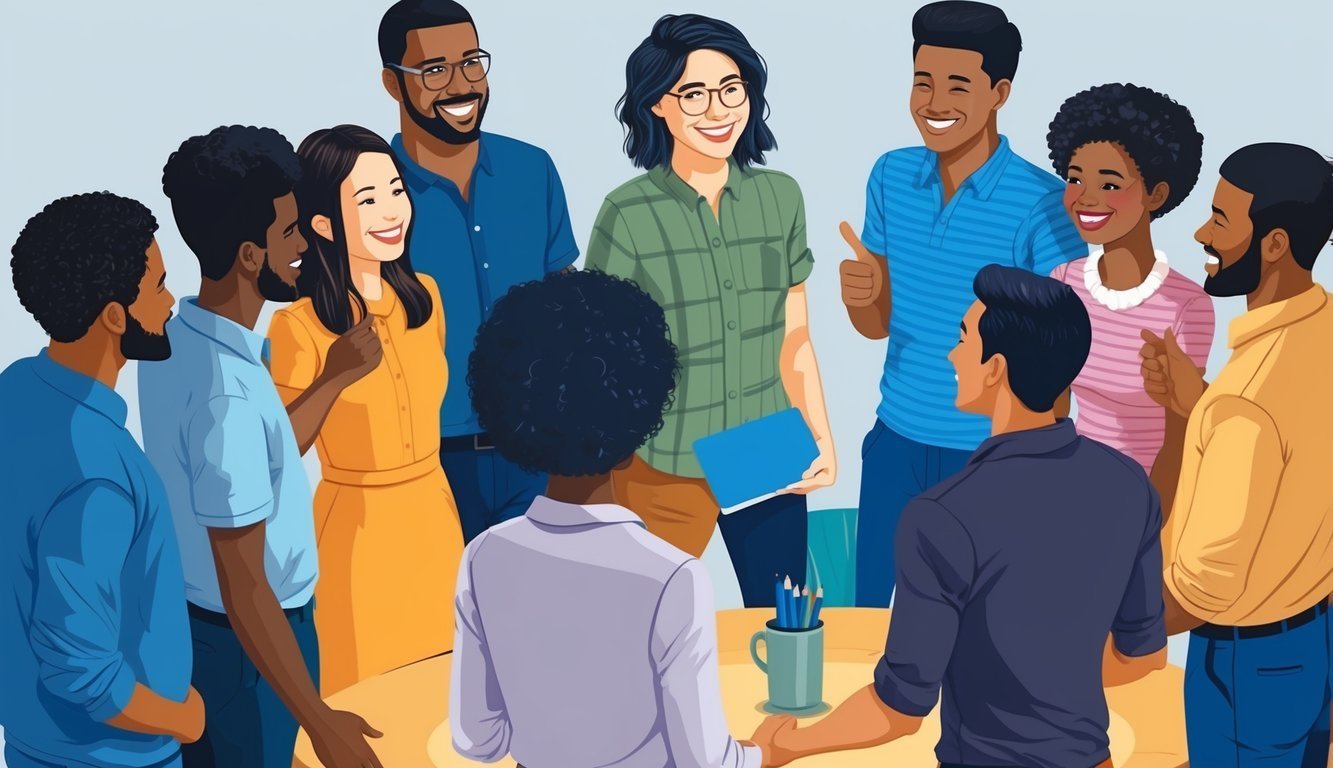 Diverse group of people smiling and gathered around a table