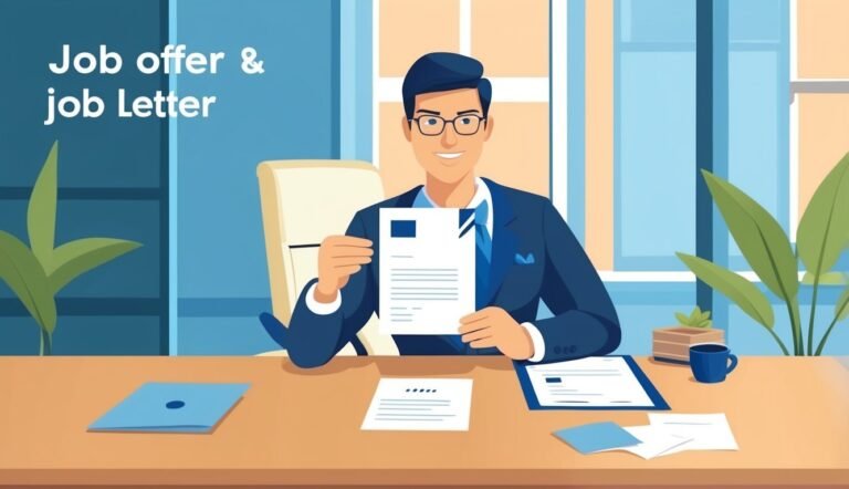 Smiling man in suit holding a job offer letter at his desk