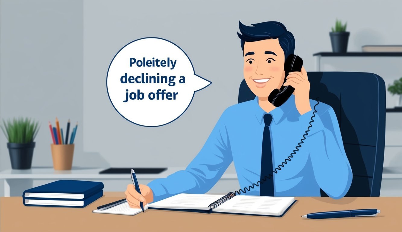 A person sitting at a desk, politely declining a job offer over the phone with a smile on their face.</p><p>They have a notebook and pen in front of them, ready to jot down any important details