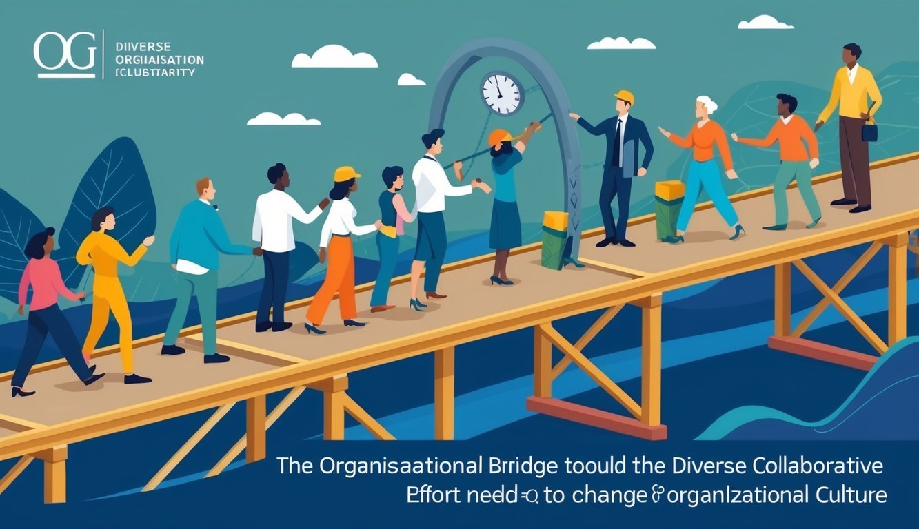 A group of diverse people working together to build a bridge, symbolizing the collaborative effort needed to change organizational culture